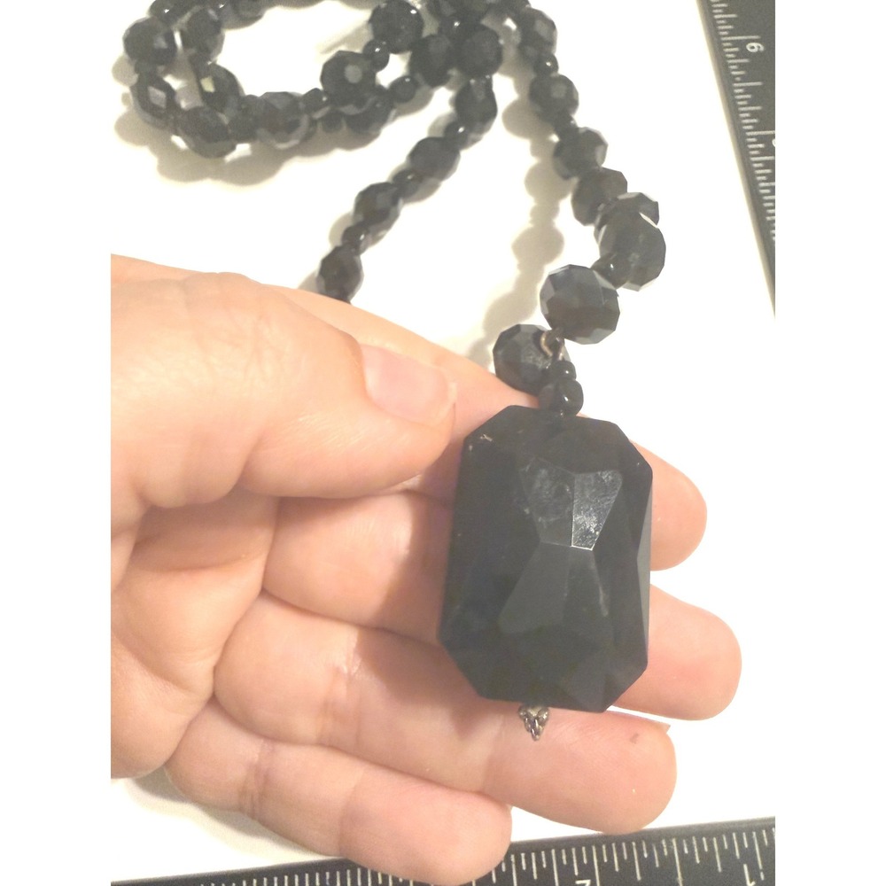 Vintage Black Beaded Necklace Faceted Emerald Cut Pendant Silver Toggle Clasp